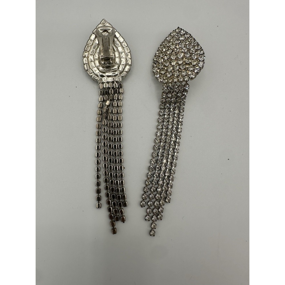 Vintage Rhinestone Tassel Earrings Silver Tone - Picture 2 of 5